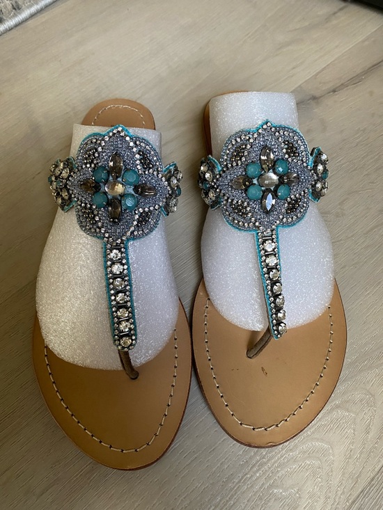 Saks Fifth Avenue Shoes - Blue by Saks Fifth Avenue Turquoise Beaded Rhinestone Bling Leather Sandals -9